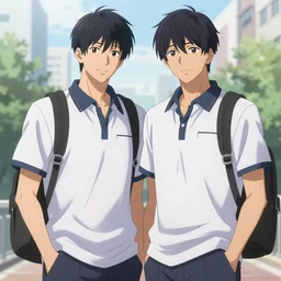 boy's love anime high school noon city, high detail concept art, perfect proportions fine face, athletic tall handsome guys, close together romantic undertones, playful interactions, avant designer uniform, vivid colors, realistic shaded lighting poster fantasy art kazue kato, katsuhiro, jeremy lipking and michael germash, makoto shinkai, loish and clamp style, best selling artist