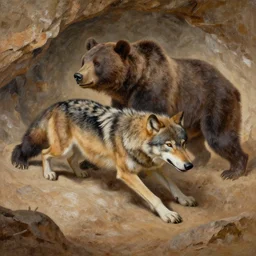 human detailed brown wolf stalking a bear, human painting in cave, 8 k
