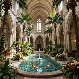beautiful cathedral interior with koi pond in the middle surrounded by palm trees, ivy, flowers, tropical plants, roses, and with archways, rendered in octane render with photorealistic volumetric lighting, cinematic,!! horizontal symmetry!!!, symmetrical, a flemish baroque by thomas cole, sanctuary, unsplash contest winner, maximalism, sanctuary