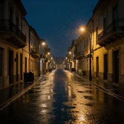 rainy cadiz street at night, 8K, trending on artstation, golden ratio, rule of thirds, low key, ray tracing, establishing shot, extremely high detail, concept art