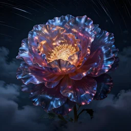 detailed fantastic flowers by artstation jaime jasso, dark night, neon lights, reflections ray, tracingstar trails, dramatic light, fluffy clouds, digital painting, igh detailed, 8 k render, perfect shape, hyperrealistic