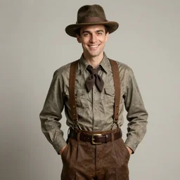 confident, smiling 1 9 2 0 s man, age 3 0, in full figure with his hands in his pockets. dark hair, hat, shirt. steampunk, fashion. detailed art