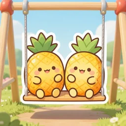 die cut sticker of two cute anime kawaii smiling pineapples on a swing set