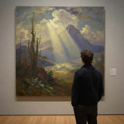 steve buscemi in a modern museum. gouache fairytale art, russian romanticism, muted palette, backlighting, depth of field