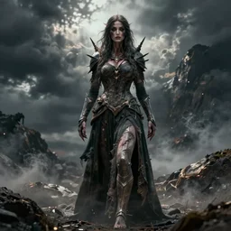 hyper realistic photo of postapocalyptic sorceress, full body, horror, cinematic, artstation, cgsociety mignola, brom
