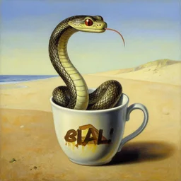 painting of a snake inside a cup in a beach, painting by salvador dali, surrealism