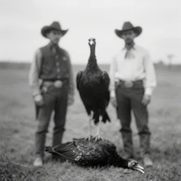 Early black and white photograph of cowboys stood with a giant dead black bird, creepy, faded, very blurry, 8mm