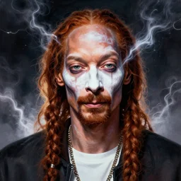 beautiful portrait of Snoop Dogg like a ginger white person, face like european, Snoop Dogg blended white face paint, like   , powerful , magic, thunders, dramatic lighting, intricate, wild, highly detailed, digital painting, artstation, concept art, smooth, sharp focus, illustration, art by artgerm and greg rutkowski and alphonse mucha, footage