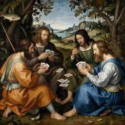 Renaissance painting of four men playing cards with fish, hyper detailed, UHD, 8K