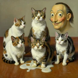 realistic surrealist painting of floppy melting cats, in the style of salvador dali