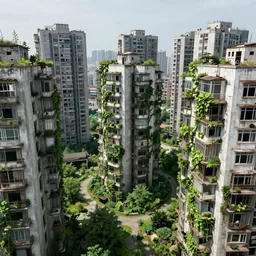 a sprawling city landscape in an abandoned east asian country, highrise buildings, vines and weeds growing from the balconies, plants sprouting from the concrete, intricate, elegant, highly detailed, digital painting, artstation, concept art, smooth, sharp focus, illustration, art by Studio Ghibli
