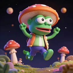 a 3 d render of a psychedelic pepe, tripping on mushrooms, floating in space, hd, digital art