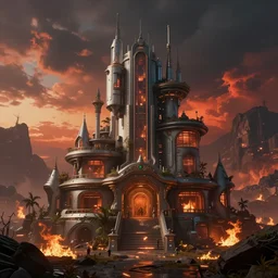 A Futuristic mansion in a cyberpunk wasteland, valley on fire, dramatic sky, 4k, 8k, trending on ArtStation,