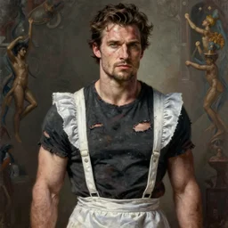 hyperdetailed portrait of henry cavill wearing a female maid outfit rugged ripped body type upper body!! 3 2 k 1 6 k artstation hd cgsociety portrait behance hd wlop artgerm greg rutkowski alphonse mucha gaston bussiere medium shot intricate elegant heavily detailed oil painting