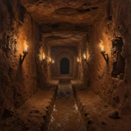 masterpiece painting of an incan dungeon hallway covered with mud with small canal in the middle, dark, torchlight, by greg rutkowski and noah bradley, trending on artstation