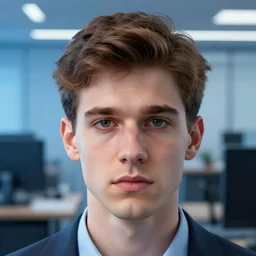 an insanely detailed portrait of julien bam head, depressing corporate office background, blue shade in the style of peter mohrbacher, artgerm, dramatic lighting and composition, octane render, trending on artstation, concept art