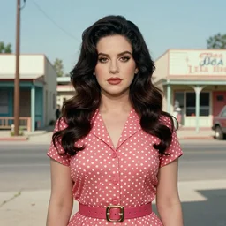 Lana Del Rey pin up in a 1950s small town:: beautiful day outside:: style of Diego Fazio Photorealism, Pedro Campos art, Rob Hefferan art:: symmetrical face, symmetrical eyes, symmetrical body::