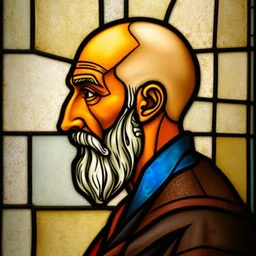 side - view portrait of a bald middle eastern man, 1 0 th century stained glass window, very masterful