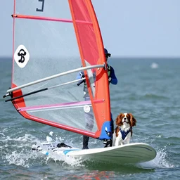 A Cavalier King Charles Spaniel wind surfing.