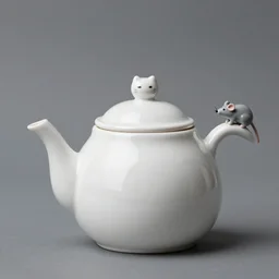 a creepy white tea kettle shaped like a cat with a little porcelain gray mouse on the tip of it's spout