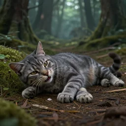 wounded grey striped cat lying on the ground in a warrior cats forest, unreal engine