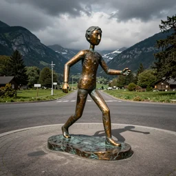 high resolution photograph of a bronze cast stick figure sculpture in a roundabout in the style of caspar david friedrich