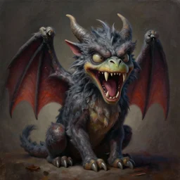 A cute, comfy painting of a scary, snarling gargoyle by Craig Mullins, dramatic lighting, extremely high detail, trending on artstation