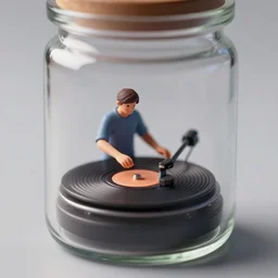 a tiny realistic proportioned dj spinning records inside a glass jar. sharp focus, photography, unreal engine, trending on artstation, photorealistic, octane, trending on deviantart, unreal engine