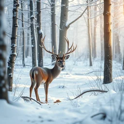 deer eating in a snowy forest, realistic