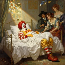 stunning, breathtaking, awe-inspiring award-winning conceptual Art Nouveau painting with an attractive Ronald McDonald waking up in a large white bed, Alphonse Mucha, Michael Whelan, William Adolphe Bouguereau, John Williams Waterhouse and Donato Giancola, soft lighting, shining sun light and shadow, atmospheric, cinematic, unreal Engine, 8K