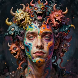 a man with a psychedelic face with many deformed and chaotic monsters on his face