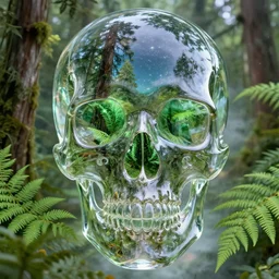 a clear glass skull with green eyes reflecting a sky full of stars, rain forest with ferns and large cedar trees, hyper realistic, fractal algorightmic art, art station, coherent design, symmetrical, vivid color, complementary color, golden ratio, detailed, sharp lines, intricate, rainbow shift, in unreal 3 d engine, nvidia optix, ray tracing, octane render