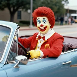vintage mcdonald's commercial depicting ronald mcdonald in the car at the jfk assassination in dallas, by zapruder,