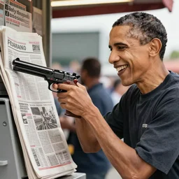 Obama mugging a newspaper stand with a gun in his hand while smiling, 40nm lens, shallow depth of field, split lighting, 4k,