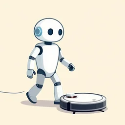 a robot walking a roomba on a leash. simple background. clean cel shaded vector art. shutterstock. behance hd by lois van baarle, artgerm, helen huang, by makoto shinkai and ilya kuvshinov, rossdraws, illustration, art by ilya kuvshinov