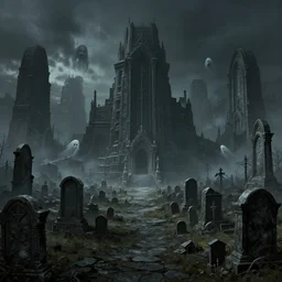 a city of tombs and tombstones, graveyard landscape, ghostly spirits, giant grave structures, giant tomb structures, dark fantasy, digital art, fantasy art