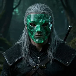 ominous man, wearing mask made of green polished emerald rendered in unreal engine, movie shot from the witcher, dnd universum, dark fantasy, painted by artgerm and james gurney
