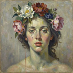 floral portrait flowing out of face by leonetto cappiello and wojciech siudmak and ernst fuchs, anni albers, oil on canvas, paint drips, paint splatter