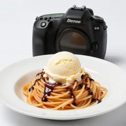 dslr food photograph of spaghetti with ice cream, some chocolate sauce, 8 5 mm f 1. 4