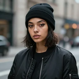 character concept art of a mixed woman with freckles with a septum piercing, winged eyeliner, black beanie, black bomber jacket, in an urban environment, depth of field, trending on artstation