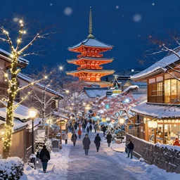 illustration of kyoto with many lights and lens flares, snowy winter christmas night