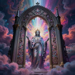 [ palate ] [ nebulous energy ] [ muted neon colors ] intricate giant gothic style portal to purgatory with vibrant paisley cloud pattern, god at the gate, award winning composition, vibrant neon nebulous clouds, symmetrical details, hyper realistic illustration, radiant light rays, photorealistic illustration, intricate and fine details, volumetric lighting,