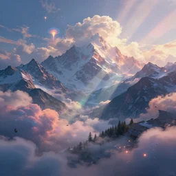 beautiful fantasy alps landscape, colorful clouds, magical glowing spores, godrays, magnificent, colorful reflections, light diffusion, subsurface scattering, diffuse lighting, luxury, detailed, sharp focus, close up, low angle, high detail, volumetric, illustration, digital art, cold lighting, by jordan grimmer and greg rutkowski, trending on artstation, pixiv