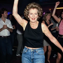 margaret thatcher smiling, dancing in a night club wearing a black crop tank top and jeans shorts, photography