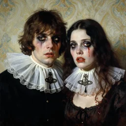 a baroque painting of a man and a woman who are beautiful but creepy, wearing vivienne westwood collars in layers of fear, with haunted eyes and dark hair, 1 9 7 0 s, seventies, wallpaper, a little blood, morning light showing injuries, delicate embellishments, painterly, offset printing technique, by brom, robert henri, walter popp