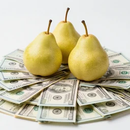 pears on top of a large pile of cash