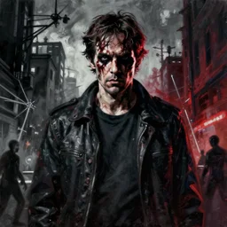 painting of the figure a man in a horror sthephen king scenery, 8 0's, high contrast, concept art, dramatic lighting, digital art, 8 k, arkham city, call of cthulhu, extremely detailed, drawn by ruan jia