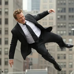 clean-shaven Jon Favreau as Happy Hogan wearing a black suit and black necktie falling down from the air over a city