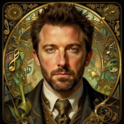 portrait of ben affleck, volumetric lights, feast, music notes, art nouveau botanicals, gothic, intricate, highly detailed, digital painting, artstation, concept art, smooth, sharp focus, symmetric face, illustration, steampunk, art by artgerm and greg rutkowski and alphonse mucha