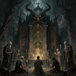 a lovecraftian painting of a demonic shrine, occult, unholy ritual, cosmic horror elements, ultra realistic, concept art, intricate details, eerie, highly detailed, photorealistic, octane render, 8 k, unreal engine. art by artgerm and greg rutkowski and alphonse mucha